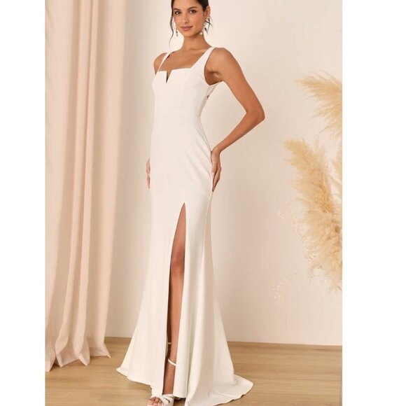 Lulu's Everlasting Promise White Notched Backless Mermaid Maxi Dress Medium NWOT - Picture 1 of 9